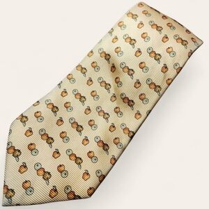 LANDS' END | Pale Yellow Long Tie with Orange and Green Autumn Fall Apple Design